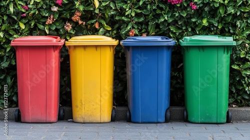 colorful waste bins for collecting recycled material, concept of waste disposal, segregation and environment protection