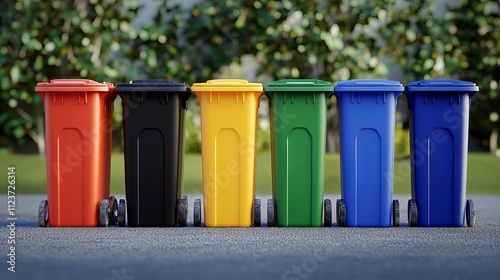 colorful waste bins for collecting recycled material, concept of waste disposal, segregation and environment protection