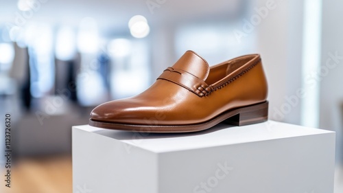 Brown leather loafer displayed on white pedestal in bright store