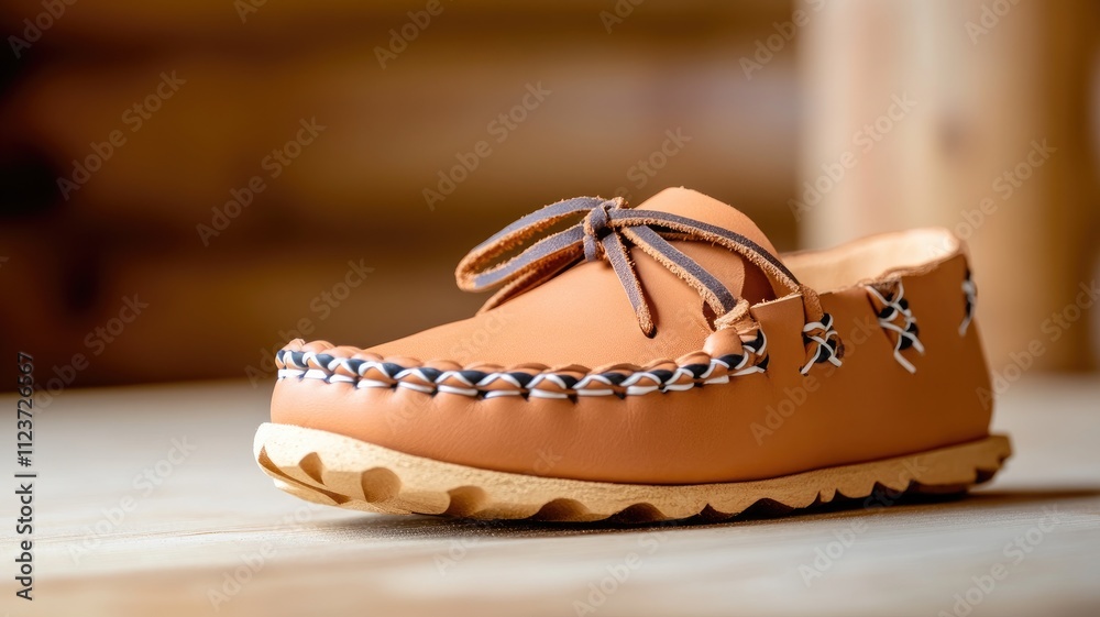 Tan leather moccasin with brown laces and durable sole Tan leather moccasin with brown laces and durable sole