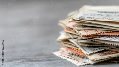 Stack of vintage postage stamps on gray surface photo