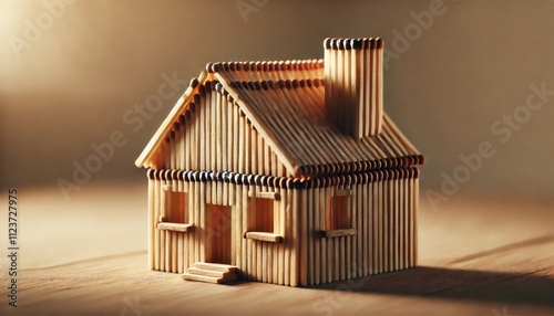 Model house made of matches standing on wooden table