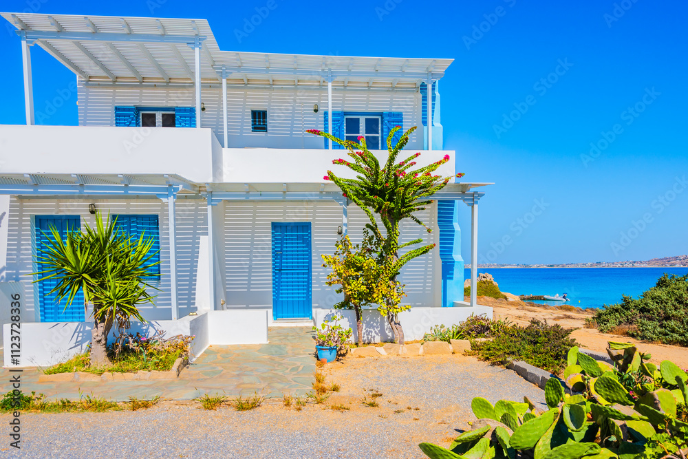 Typical Greek style apartments decorated with tropical plants in Orkos bay, Naxos island, Cyclades, Greece