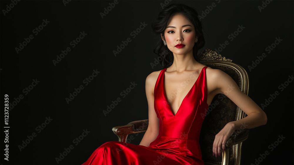 Fototapeta premium スタジオで魅力を放つ赤いドレスの女性