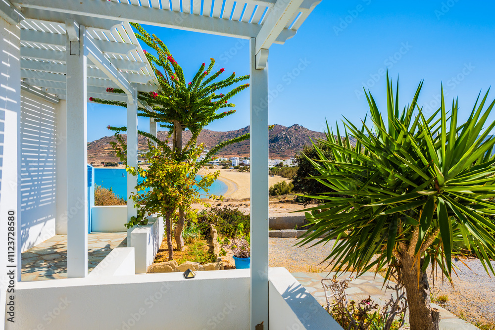 Typical Greek style apartments decorated with tropical plants in Orkos bay, Naxos island, Cyclades, Greece
