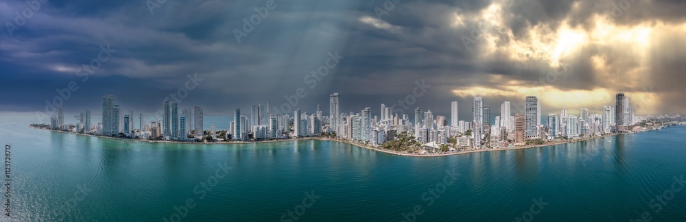 Obraz premium aerial panorama view of Bocagrande island in Cartagena Colombia featuring modern architecture and turquoise Caribbean Sea