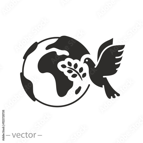pigeon with olive branch, dove peace in the world icon, international humanitarian solidarity, symbol kindness and love, flat vector illustration