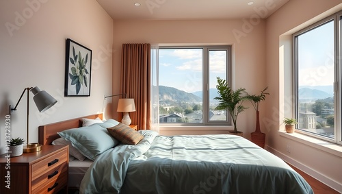 Serene bedroom with a view.  Teal bedding and warm, natural light create a calming atmosphere.