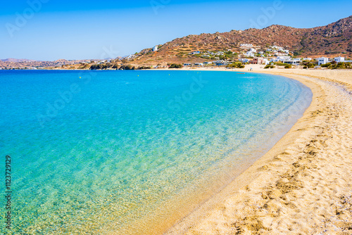 Obraz na płótnie Idyllic sandy beach of Orkos bay and calm crystal clear azure sea water, Naxos island, Cyclades, Greece w salonie