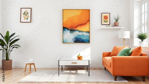 Modern living room interior with orange sofa and abstract artwork. Warm, inviting space with pops of color and natural elements.