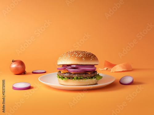 Hamburger, Classic Cheeseburger with Lettuce and Tomato, Delicious Hamburger on a Wooden Plate, Perfectly Grilled Hamburger with Sesame Bun photo