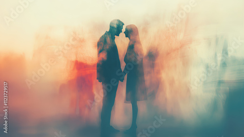 silhouette of couple in the fog photo