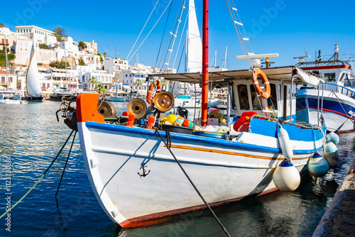 Colorful fishing boat anchoring in Naxos port, Naxos island, Cyclades, Greece