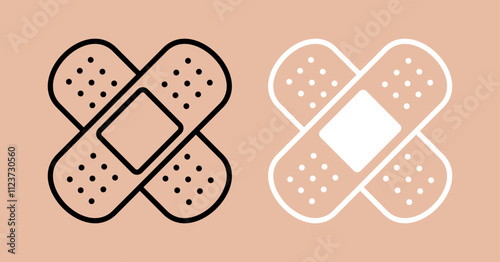 Band-Aid (adhesive plaster) icon. Symbol of treatment or medicine. Attribute of a doctor, pharmacy or hospital. Means of protection and treatment of a wound or cut.