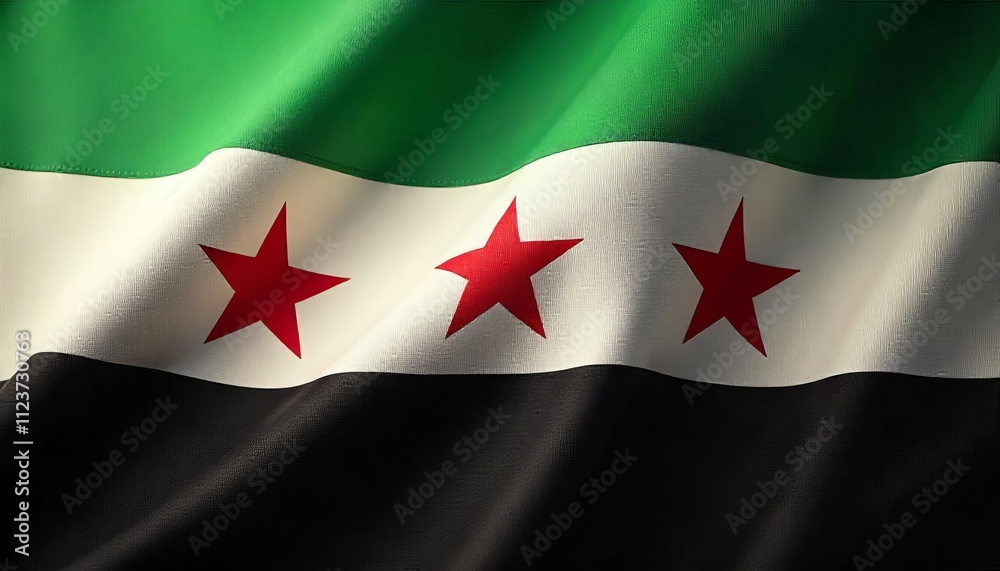 The new Syrian flag. Green, white, black, with three red stars above the white. Green at the top, white in the middle, black at the bottom The new Syrian flag. Green, white, black, with three red stars above the white. Green at the top, white in the middle, black at the bottom