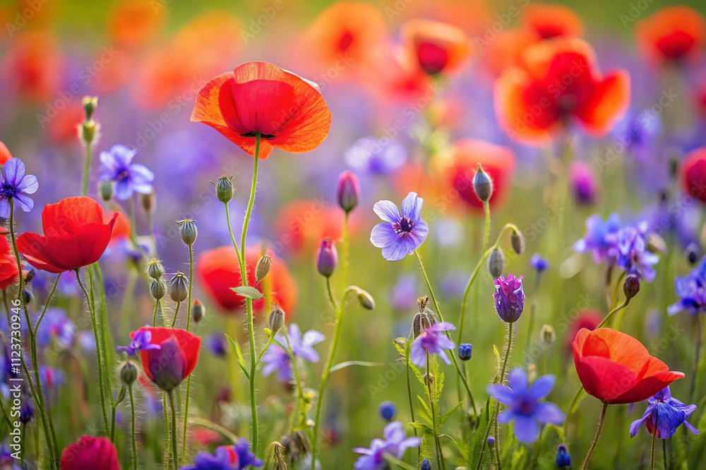 Fototapeta premium Vibrant red poppies and blue wildflowers in a sunlit field.