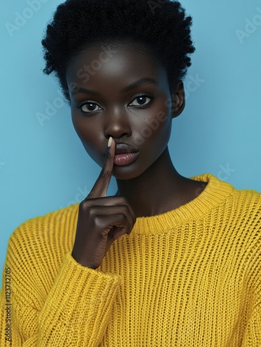 Studio shot of quiet dark skinned lady keeps fore finger over lips, makes silence gesture, gossips with friend, wears yellow sweater, says hush, isolated over blue studio wall with blank space photo