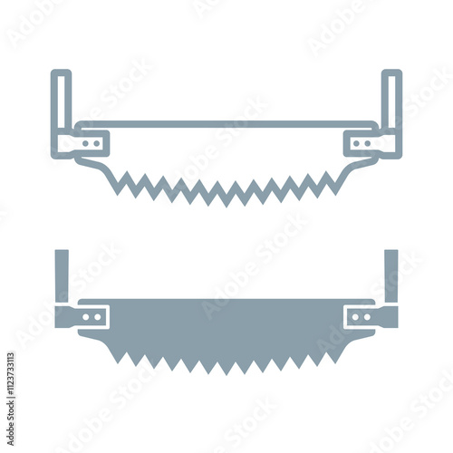 Two-handed saw icon. Carpentry and joinery tools. Hand saw, symbol of construction, sawmill or sawmill. Wood saw. Isolated vector illustration on a white background.