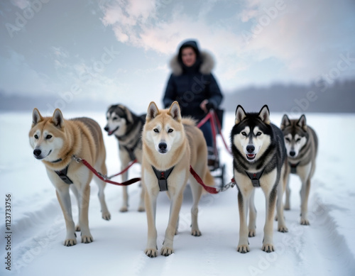 sled with dogs Siberian husky, Alaskan malamute, Greenland dog, pulling a man at an an expedition at the Alaska arctic white wilderness photo