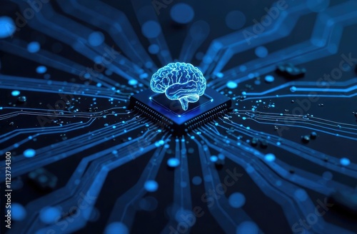 Circuit board with an AI brain icon in the center. A blue and black color theme.