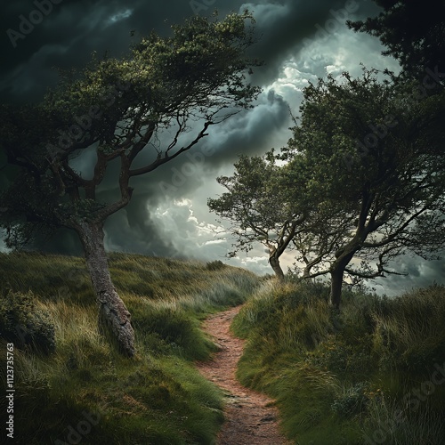 Forest path disappearing under heavy rolling clouds