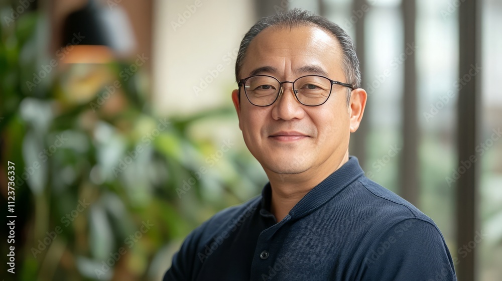 Obraz premium Confident Smiling asian man in Glasses Standing Indoors, in a brightness home or office