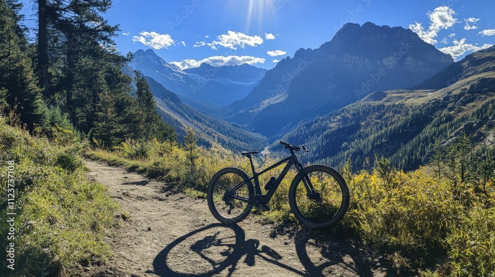 Fototapeta premium Mountain bike resting on a trail with dramatic mountain scenery bright sunlight casting sharp shadows adventure and outdoor spirit