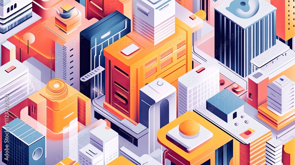 Obraz premium Isometric illustration of a vibrant, colorful cityscape with various buildings and structures.