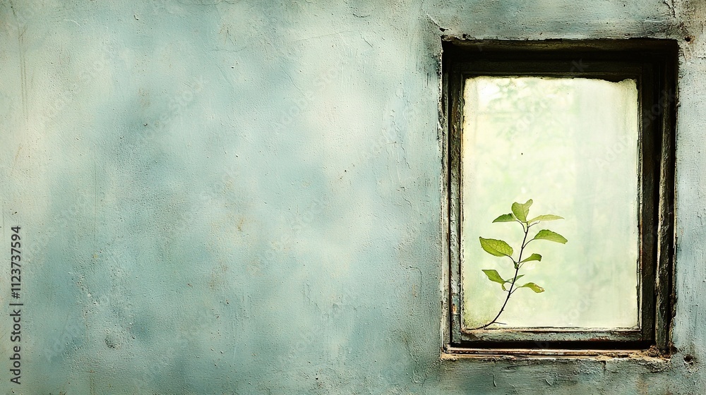 A blue-walled window with a central plant in the window and a green plant on either side A blue-walled window with a central plant in the window and a green plant on either side