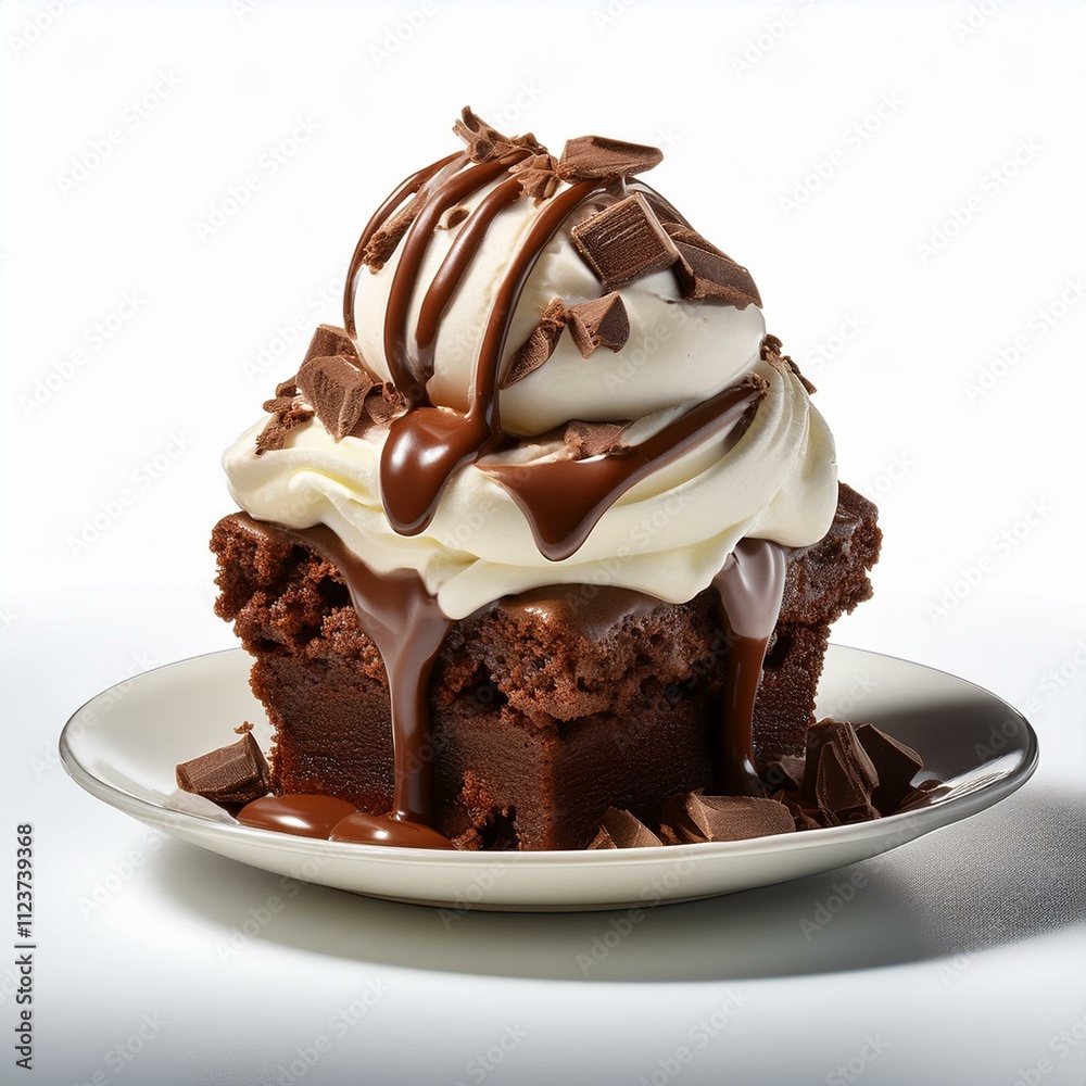 Isolated chocolate brownie and vanilla ice cream sundae dessert