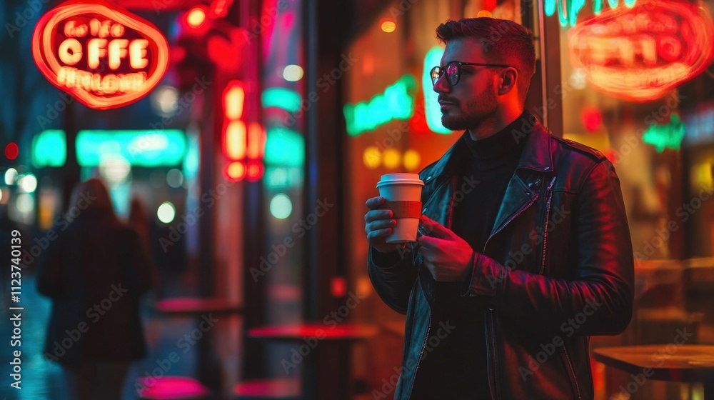 Fototapeta premium Man in a leather jacket holding a coffee cup standing outside a bustling cafe with blurred neon lights evening urban atmosphere