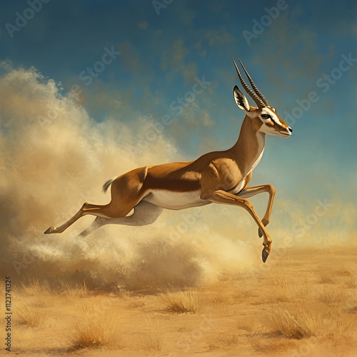 Antelope running across dry savannah with dust clouds photo