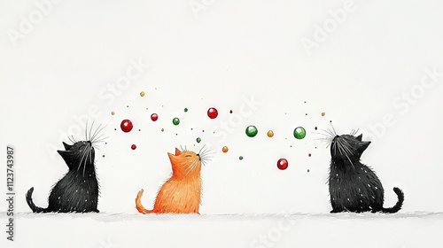   Two cats perched on snowy ground near white wall