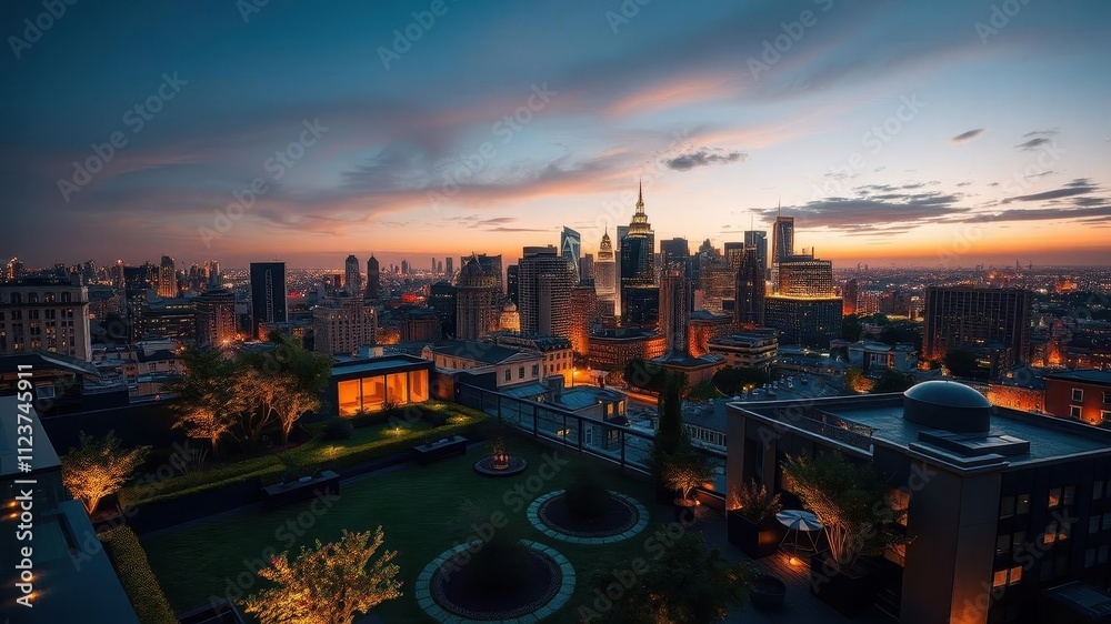 Fototapeta premium A modern apartment with a rooftop garden, located on the top floor of a luxurious condominium complex, urban, building