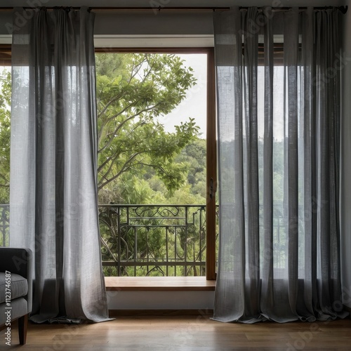 Open large full-length window with curtains