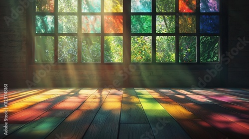   A spacious room boasts a polished wooden floor and vibrant sunlight streaming through its expansive window