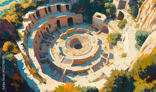 A whimsical, animated art style aerial view of ancient Crete, showcasing the labyrinth, ancient Minoan civilization in its glory, and the surrounding photo