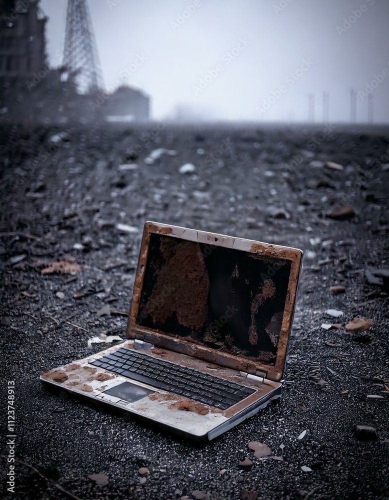 broken laptop in a wasteland dump