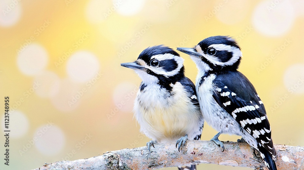 Obraz premium Two black and white birds perch atop a tree limb, framed by a golden halo