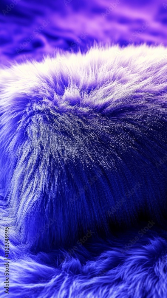 Fototapeta premium Standing in the blue and purple snow, the plush device made of soft and fluffy fur looks very realistic and makes you feel warm and comfortable 