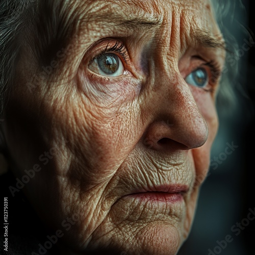 Close up of an elderly woman with teary eyes expressing emotion photo