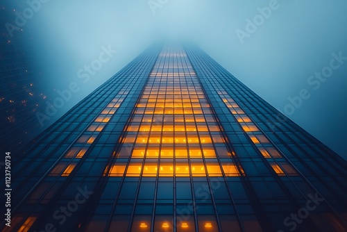 Wallpaper Mural A skyscraper pierces the foggy sky, its windows glowing with warm light. Torontodigital.ca