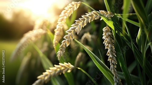 Biotechnology engineer designing genetically modified crops for increased yield in nature's lush fields at sunrise
