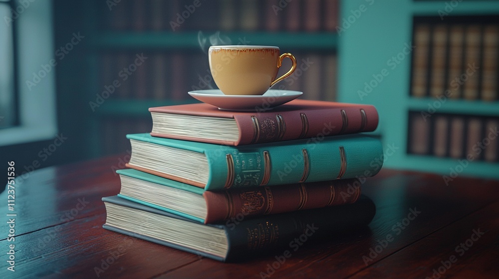 Naklejka premium A table with books and coffee stacked on top