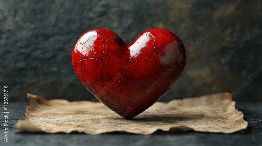 Fototapeta premium A glossy red heart sculpture resting on textured paper.