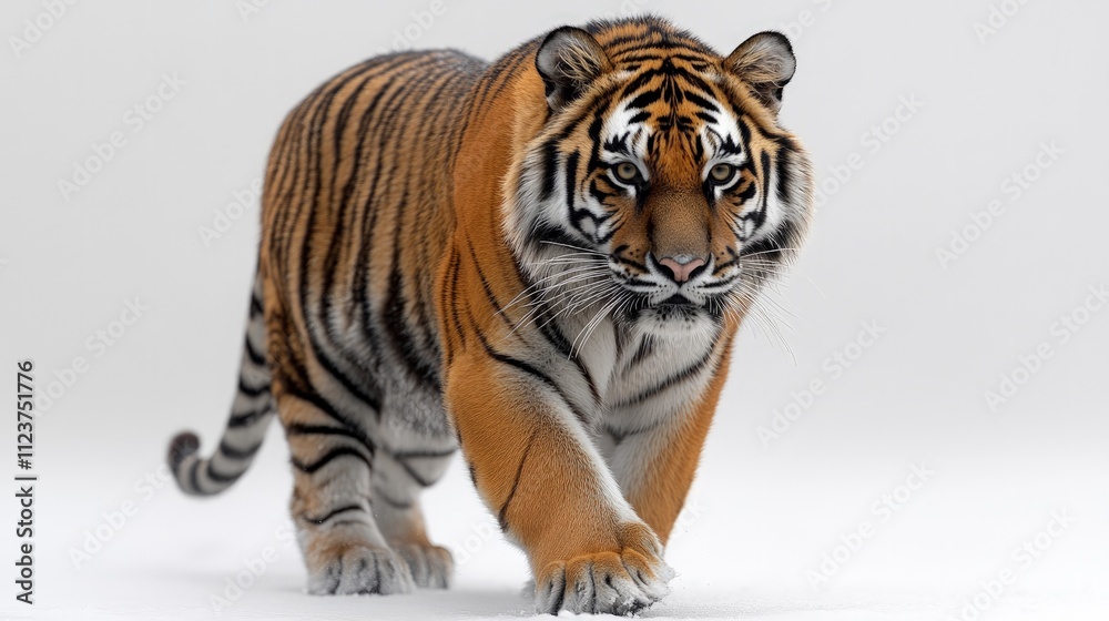 Obraz premium Majestic tiger walking towards the camera on a white background.