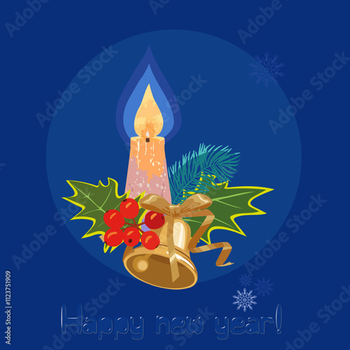 New Year's composition with holly, pine branch, bell and burning candle.eps