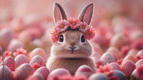3d character easter bunny with a vibrant flower crown sits amidst a collection of colorful Easter eggs. illustration captures the essence of spring, celebrating happiness Easter pink banner