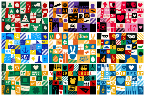 set of graphic patterns for all seasons festive christmas easter carnival valentine back to school summer beer festival