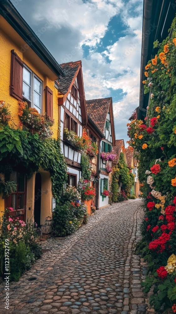 Fototapeta premium Charming European Village Street with Colorful Flowers